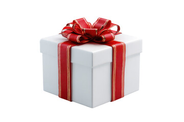 Obraz premium White gift box with red ribbon bow, holiday present packaging, festive wrapped gift for Christmas and celebration designs isolated on Transparent Background