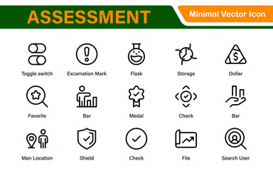 Assessment icon set. Includes icons for evaluations, audits, financial reviews, inspection reports, performance scoring, grading, and risk analysis tools.