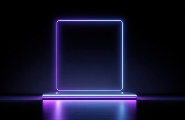 3D rendering of a neon light square frame with empty space on a black background. Abstract glowing podium display for product presentation, a digital technology concept, futuristic.