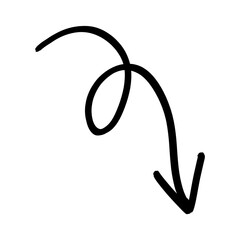 Hand drawn doodle curly black arrow, transparent background.  
