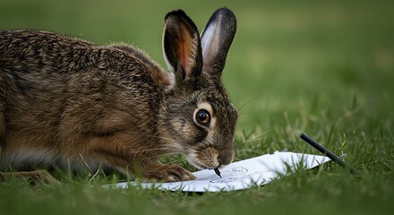 Fototapeta premium Rabbit Drawing on Paper in Green Outdoor Field
