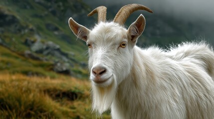 Fototapeta premium A white goat with horns stares, background is mountains and fall-colored fields. Use for farm, wild, nature, animal, or mountain themed presentations or websites.