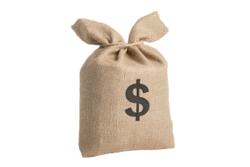 Burlap Bag of Fortune: A rustic burlap sack, emblazoned with a prominent dollar sign, holds a potential fortune within. It embodies the essence of wealth, investment, and the allure of prosperity.