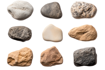 Varied Stone Textures: A collection of diverse stones, each displaying unique textures and colors, arranged for a comprehensive study of natural geological variations.
