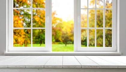 Fototapeta premium Green grass and blue sky are visible through an open window frame, offering a refreshing view into a peaceful summer room
