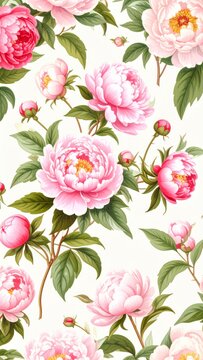 Seamless floral pattern with pink peony, a beautiful vector illustration for spring and summer nature-inspired designs