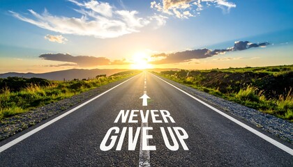 Motivational road scene at sunset, text 'Never Give Up'
