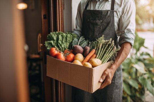 Person in apron delivering a box of fresh produce