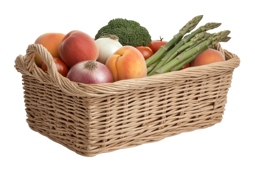 Basket of Fresh Produce: A woven basket overflows with an assortment of colorful, ripe fruits and vegetables, an embodiment of natural abundance and healthy eating.