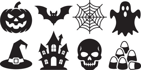 Silhouette Halloween Elements Vector Art Featuring Pumpkin, Bat, Ghost, and Haunted House
