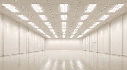 A long, brightly lit, empty room with white walls, a white ceiling containing fluorescent lights, and a white floor reflecting the lights. The room appears clean and spacious