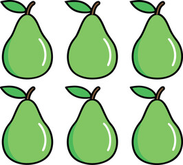 Six green pear silhouettes isolated on transparent background