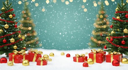 Festive Christmas trees and gifts under falling snow