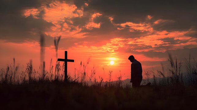 Man praying at cross silhouette at sunset seeking god faith and christianity hope and religion concept