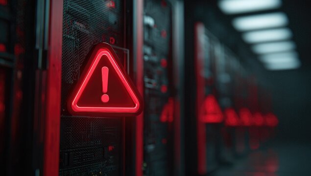 A glowing red warning triangle with an exclamation mark is affixed to a dark server rack in a data center.  Rows of similar racks extend into the background