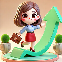 A cute 3D cartoon character of a young businesswoman climbing an upward arrow