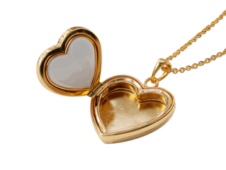 Vintage Heart-Shaped Locket Necklace Open with Blank Inner Panels, Golden Chain, Isolated on Transparent Background