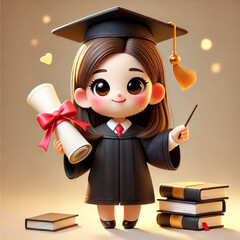 A cute 3D cartoon character of a young female graduate