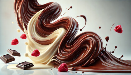 A mesmerizing wave of rich, glossy melted dark chocolate swirling elegantly with creamy white chocolate against a clean white background