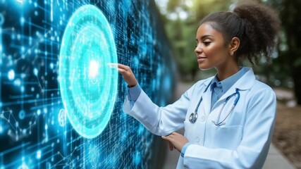 Female doctor interacting with digital target circle showing futuristic medical interface for advanced diagnostics, innovation and intelligent analysis in virtual healthcare - Powered by Adobe