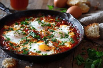 shakshuka with eggs in tomato sauce