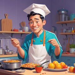 flat illustration. picture. A man dressed as a university graduate is cooking in the kitchen, there is a lot of food around. There are jokes. very minimalistic style. outline of the contour. style FLA