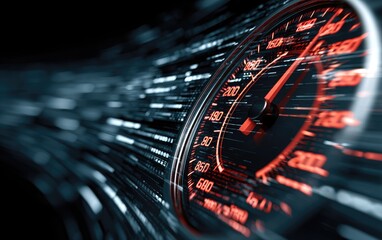 Close-up of a speeding speedometer needle