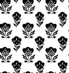 Fototapeta premium Vector monochrome seamless rustic pattern with decorative flowers. Tracery texture with black stylized flowers on white background.