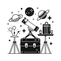 Black line art astronomy and stargazing kit elements on white background