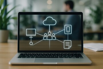 Cloud Computing: A close-up of a modern laptop displaying a digital illustration of cloud computing technology, suggesting seamless connectivity, secure data.