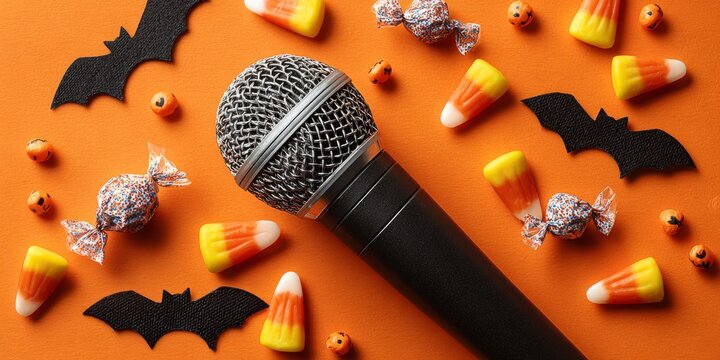 Halloween microphone with candy corn and spooky decorations on orange background - Powered by Adobe