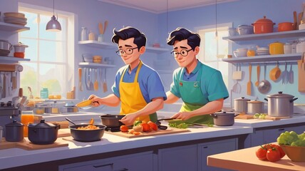 flat illustration. picture. A man dressed as a university graduate is cooking in the kitchen, there is a lot of food around. There are jokes. very minimalistic style. outline of the contour. style FLA