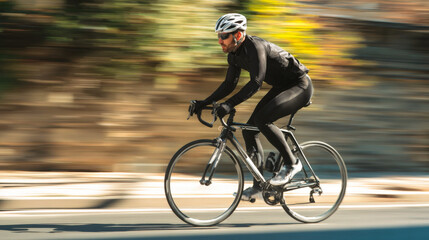 Naklejka premium Experience exhilarating motion of a male cyclist in full gear, pedaling vigorously on an open road. Concept of speed, dedication, healthy pursuit of outdoor sports. Themes of fitness, endurance