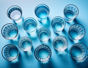  Many various glasses with fresh water on a blue table on pale blue background .Generated image