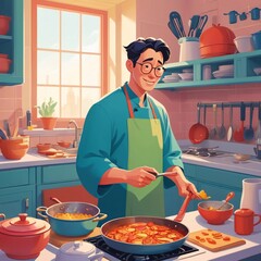 flat illustration. picture. A man dressed as a university graduate is cooking in the kitchen, there is a lot of food around. There are jokes. very minimalistic style. outline of the contour. style FLA