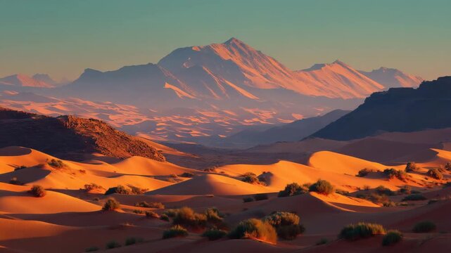 Sand Dunes and Desert Grass at Sunset in the Sahara, Morocco
