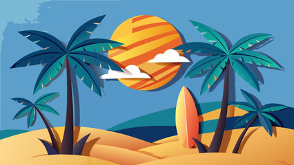 Obraz premium Vibrant tropical beach scene with stylized palm trees and a colorful surfboard under a bright sun.