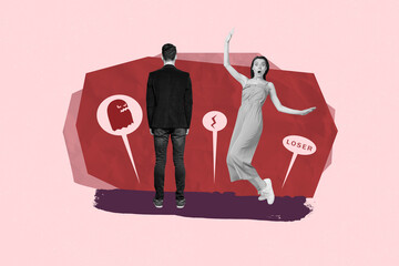 Composite trendy magazine photo collage of two happy girl guy receive bubble message notification speech emoji looser bullying