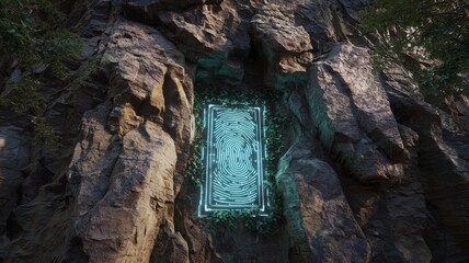 Biometric scanner embedded in rock wall at hidden mountain entrance with neon interface