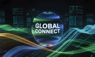 Global Connect Sphere with Flowing Data Streams and Server Racks, Illustrating Worldwide Network and Digital Technology