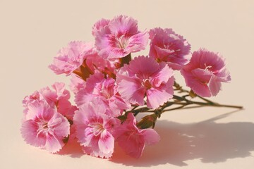 Fototapeta premium Bunch of pink carnations with delicate petals on a light beige background. Perfect for greeting cards, invitations, or adding floral accents.
