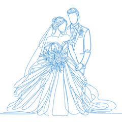 Bride and groom, couple Line Art. Light blue design concept. Wedding silhouette figures of newlyweds. Vector illustration for invitation, greeting cards