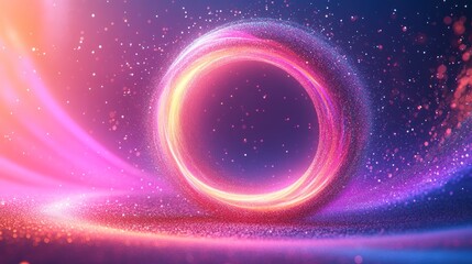 Abstract glowing ring of light, swirling particles, vibrant colors, digital art.