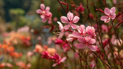 Delicate pink gaura flowers bloom against a soft, blurred background of garden foliage. Use this for designs needing a touch of natural beauty and floral elegance.