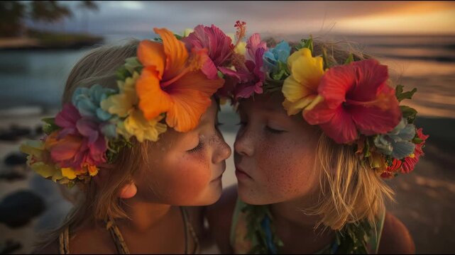 Two young blonde girls wearing colorful flower crowns share a kiss on a beautiful beach during sunset