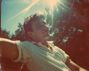 vintage film photo of cool young guy wearing shirt reclining in sunshine, 50s or 60s style color lomo