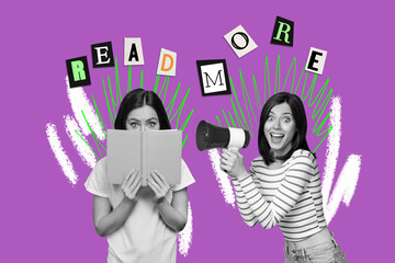 Image trend collage of person hold book scream megaphone with text read more above on pink color background