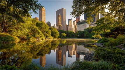 Obraz premium Panoramic view of New York City skyline with Central Park lake and historic architecture under warm daylight. Modern skyscrapers blend with natural green spaces in urban harmony.