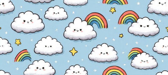 Cute Cartoon Cloud and Rainbow Seamless Pattern