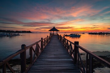 Naklejka premium Sunrise pier over calm water